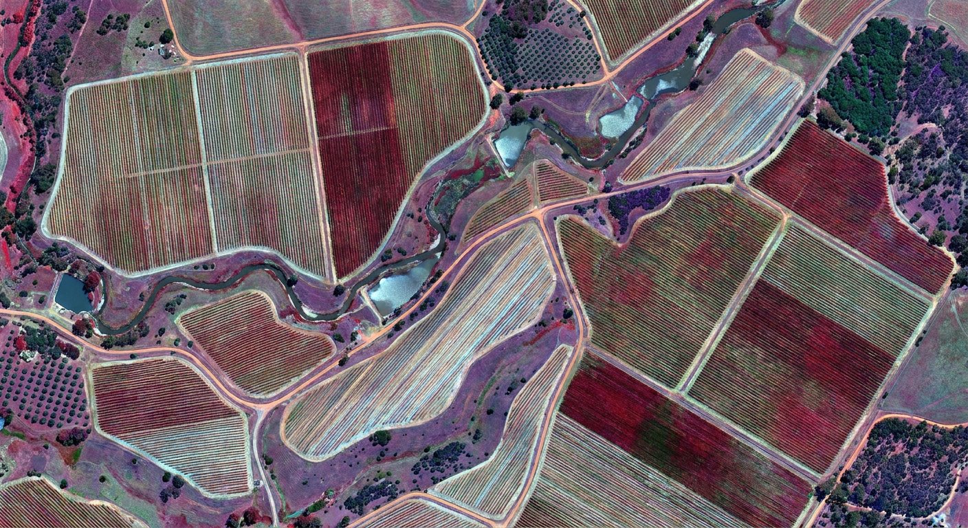 A property seen as four coarse colour blocks, a whole row of struggling vines lost in the average
