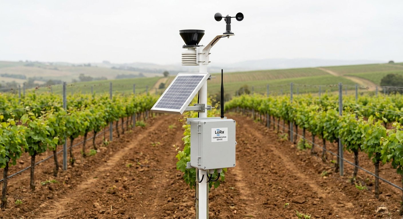 Gateway mounted on a post, LoRa range to sensor nodes and a 4G uplink