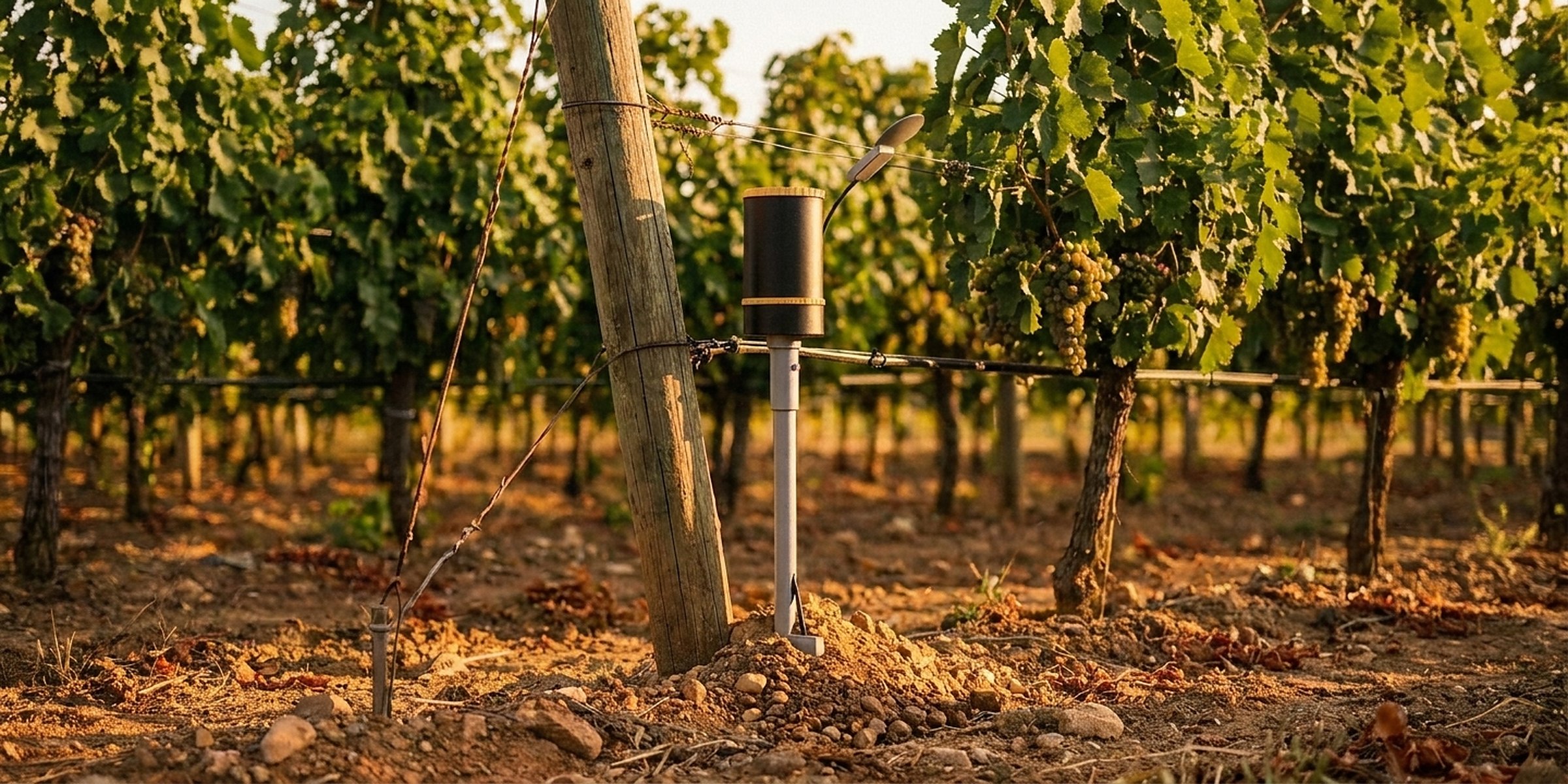 A TerraCast node in vineyard soil at golden hour, solar panel angled west, probes set to 30 cm