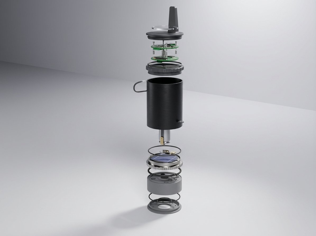 Sensor node exploded view, solar panel, radio, cartridge bay, probes