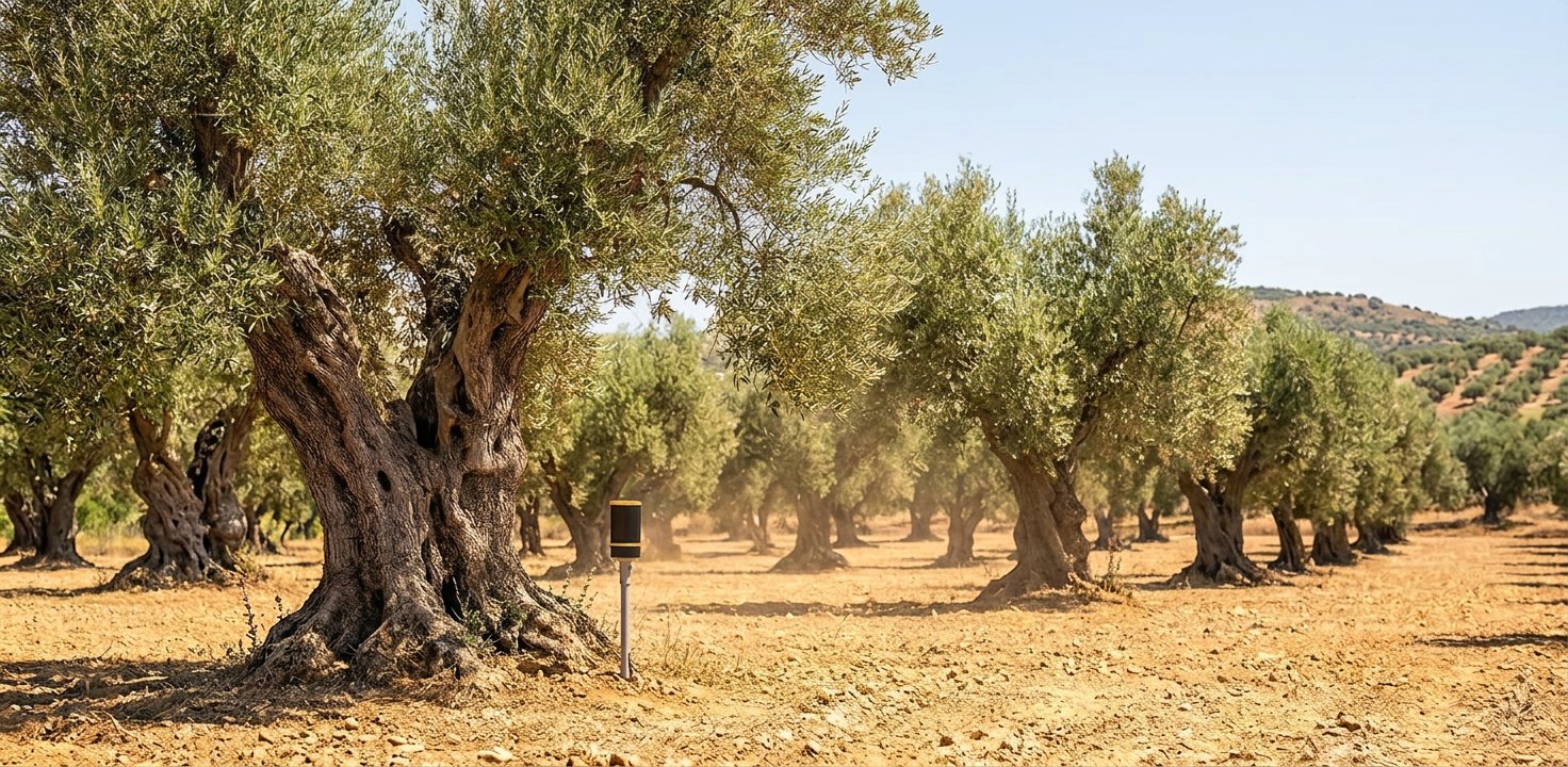 Silver leaves and gnarled trunks, a sensor node at the base of a mature olive tree in midday light