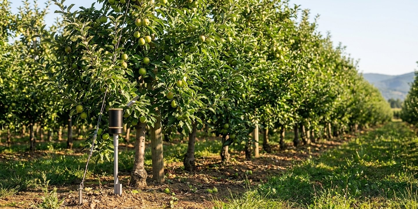 Orchard property map, gateway, sensor nodes between tree rows, irrigation sensors