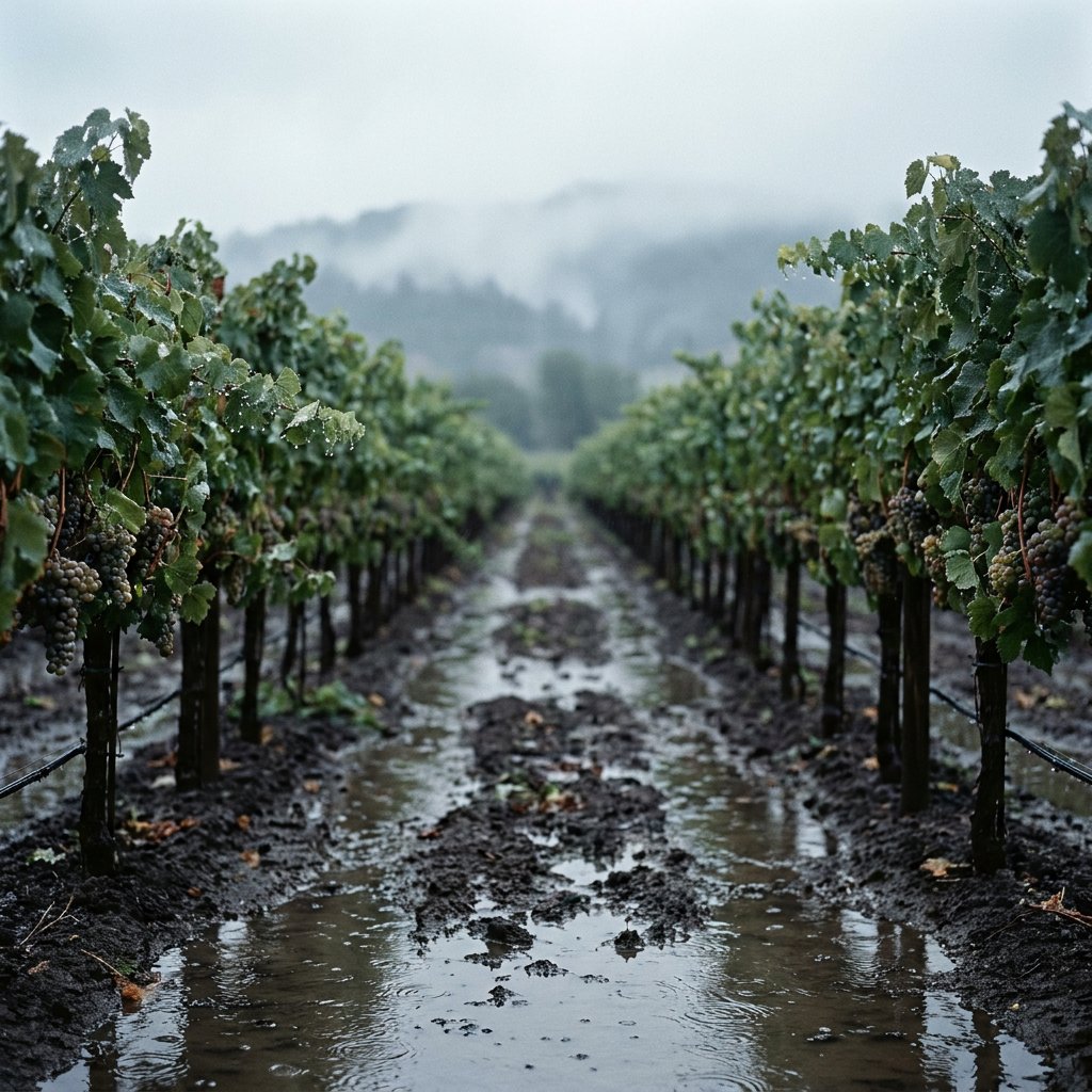 Vineyard, vines, soil and dew at first light