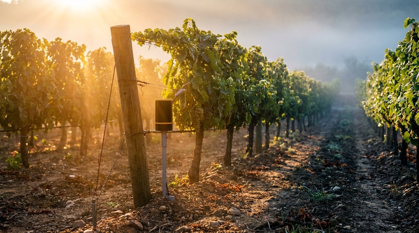Vines at first light, a sensor node between the rows, dew on the canopy, probes set to 30 cm